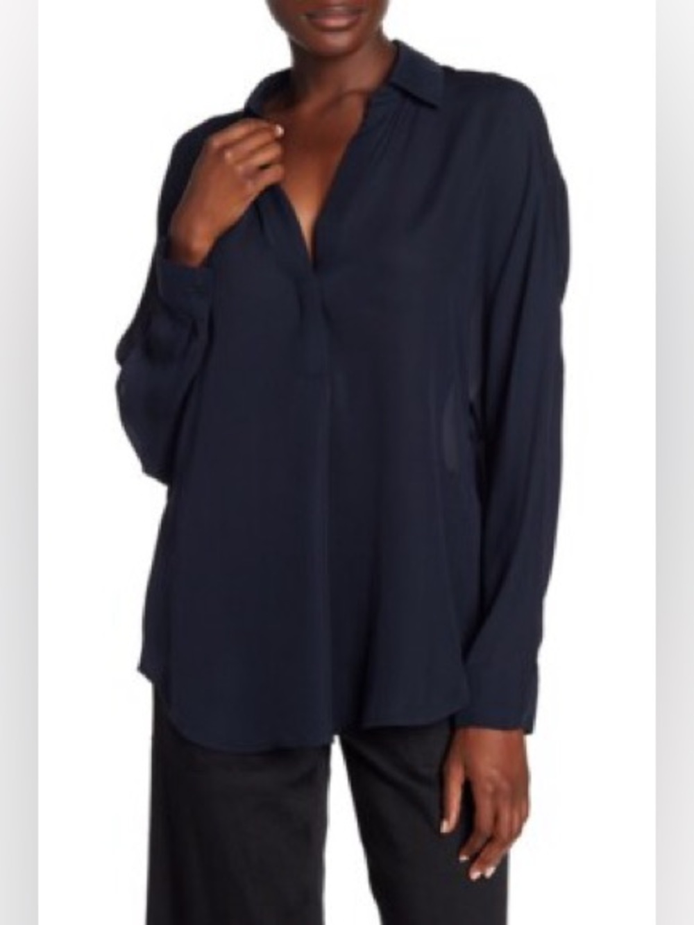 Vince Back Shirred Silk Navy Long-Sleeve V-Neck Blouse 💙💙